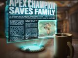 A holo message on a desk can be seen next to a coffee cup. The message is titled Apex Champion Saves Family and has a picture of Gibraltar rescuing a child. The story featured in it discusses how he came to rescue a family as part of the Search and Rescue Association of Solace.