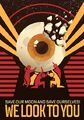 A poster featuring a starry background and bright red stripes. A group of people can be seen holding up a destroyed moon, but the moon has an iris and pupil making it to look like an eyeball. At the bottom the caption reads "Save our moon and save ourselves! We look to you." Released on October 15, 2022. [53]